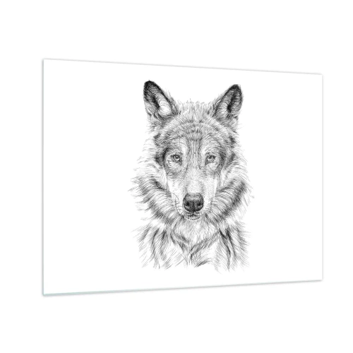 Quadro em vidro - Esboço em preto e branco de uma cabeça de lobo em um fundo branco - 70x50cm - Um líder nato - Decoração de parede moderna para a sala de estar e quarto ARTTOR