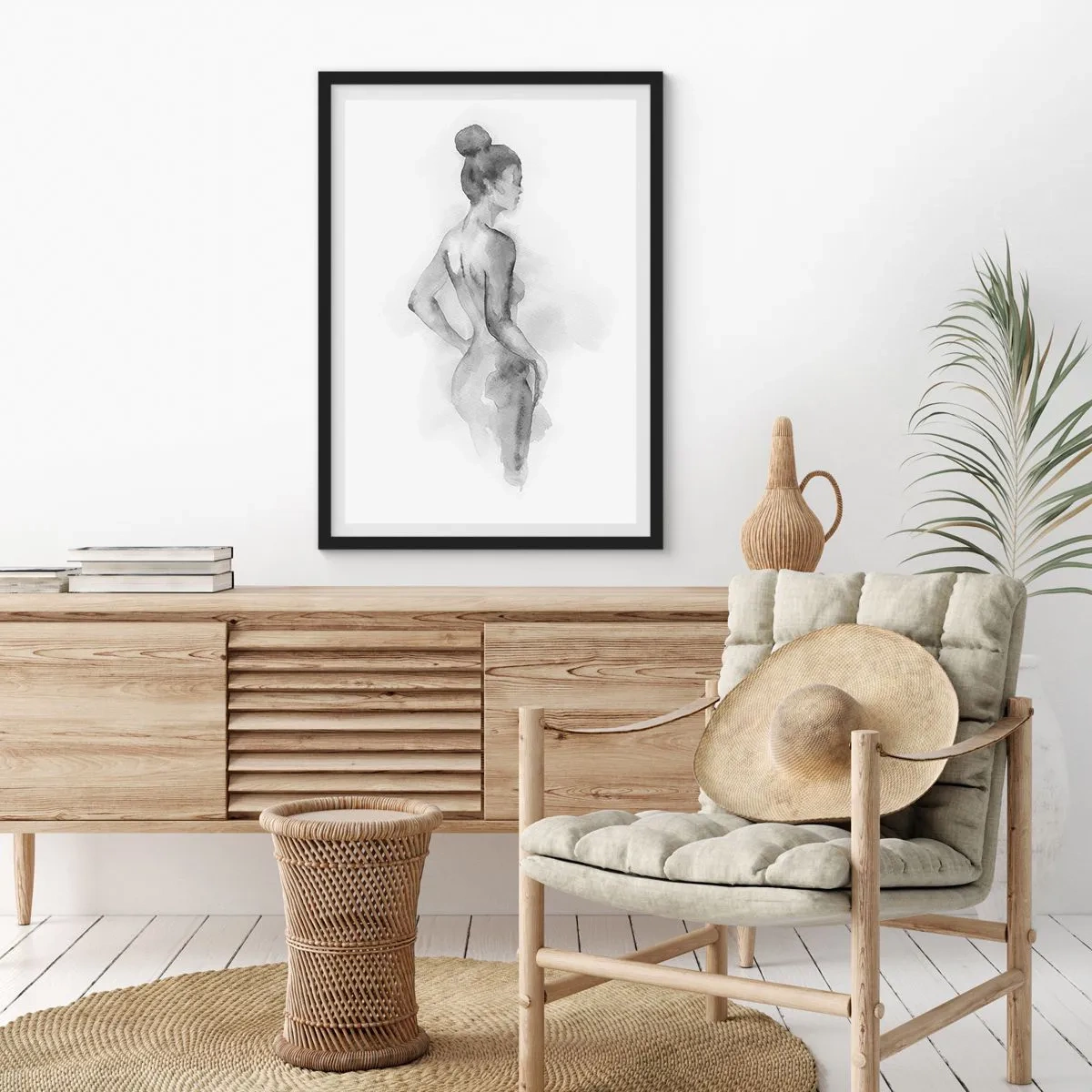 Pôster com moldura preta - Um sutil retrato em aquarela de uma mulher em tons de cinza. - 50x70cm - Linda como uma pintura - Decoração de parede moderna para a sala de estar e quarto ARTTOR