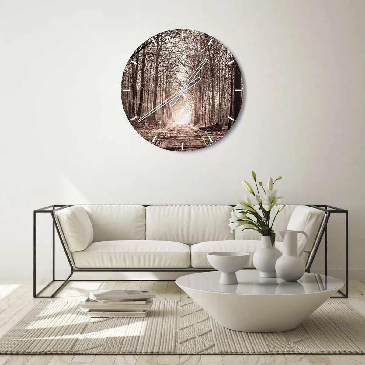 Relógio de parede - Relógio em vidro - Uma avenida de árvores em um cenário de outono com uma perspectiva para as profundezas - 30x30cm - Catedral na Floresta - Decoração de parede moderna para a sala de estar, cozinha e quarto ARTTOR