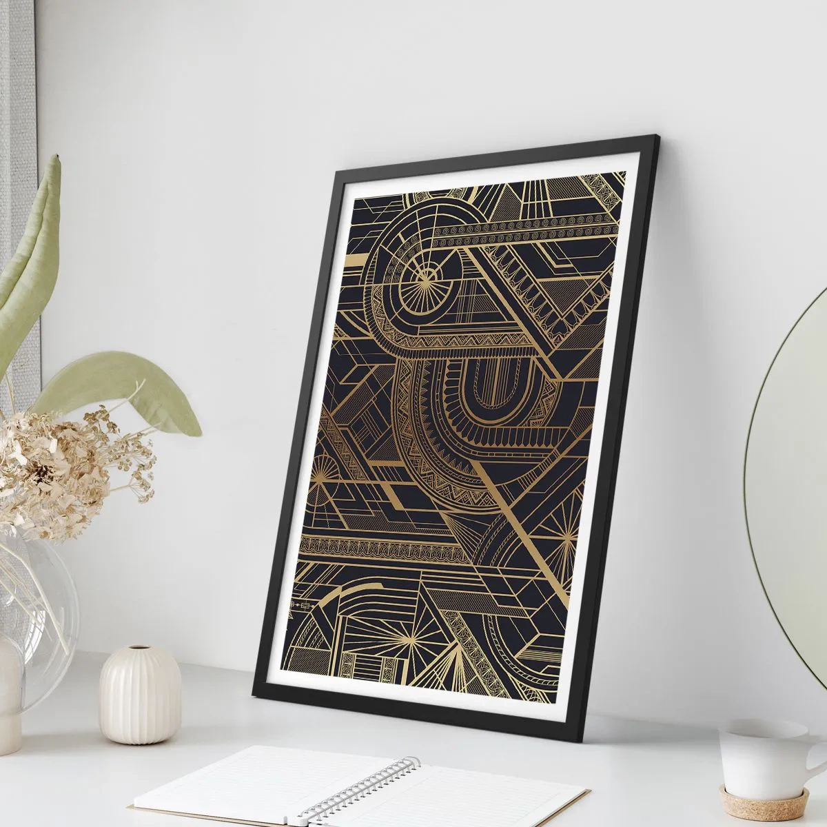 Pôster com moldura preta - Padrão geométrico em tons dourados sobre fundo preto - 50x70cm - Conceitos, ideias, planos - Decoração de parede moderna para a sala de estar e quarto ARTTOR
