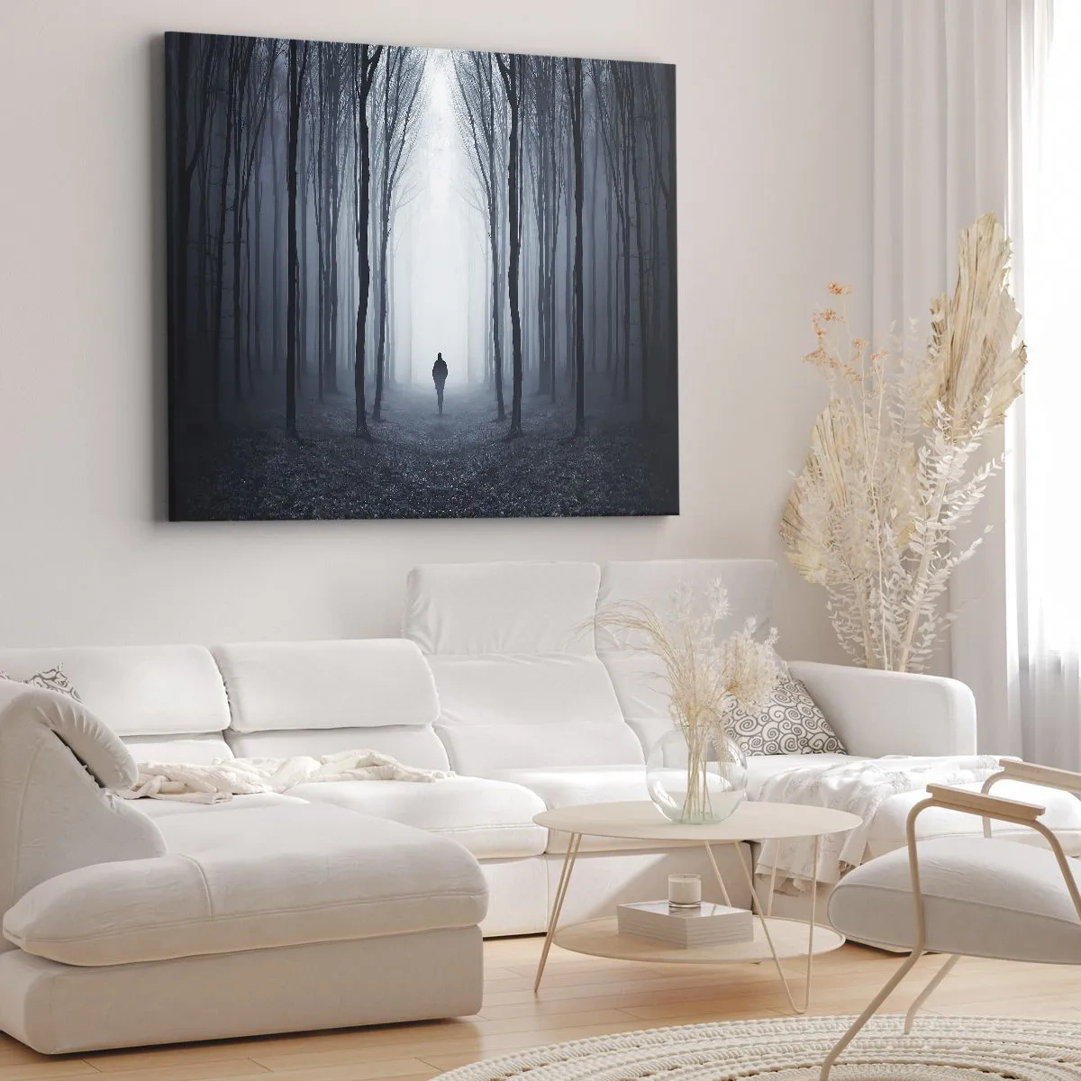 Quadro em tela - Uma figura caminhando entre as árvores em uma floresta enevoada - 70x50cm - Tudo simples e claro - Decoração de parede moderna para a sala de estar e quarto ARTTOR