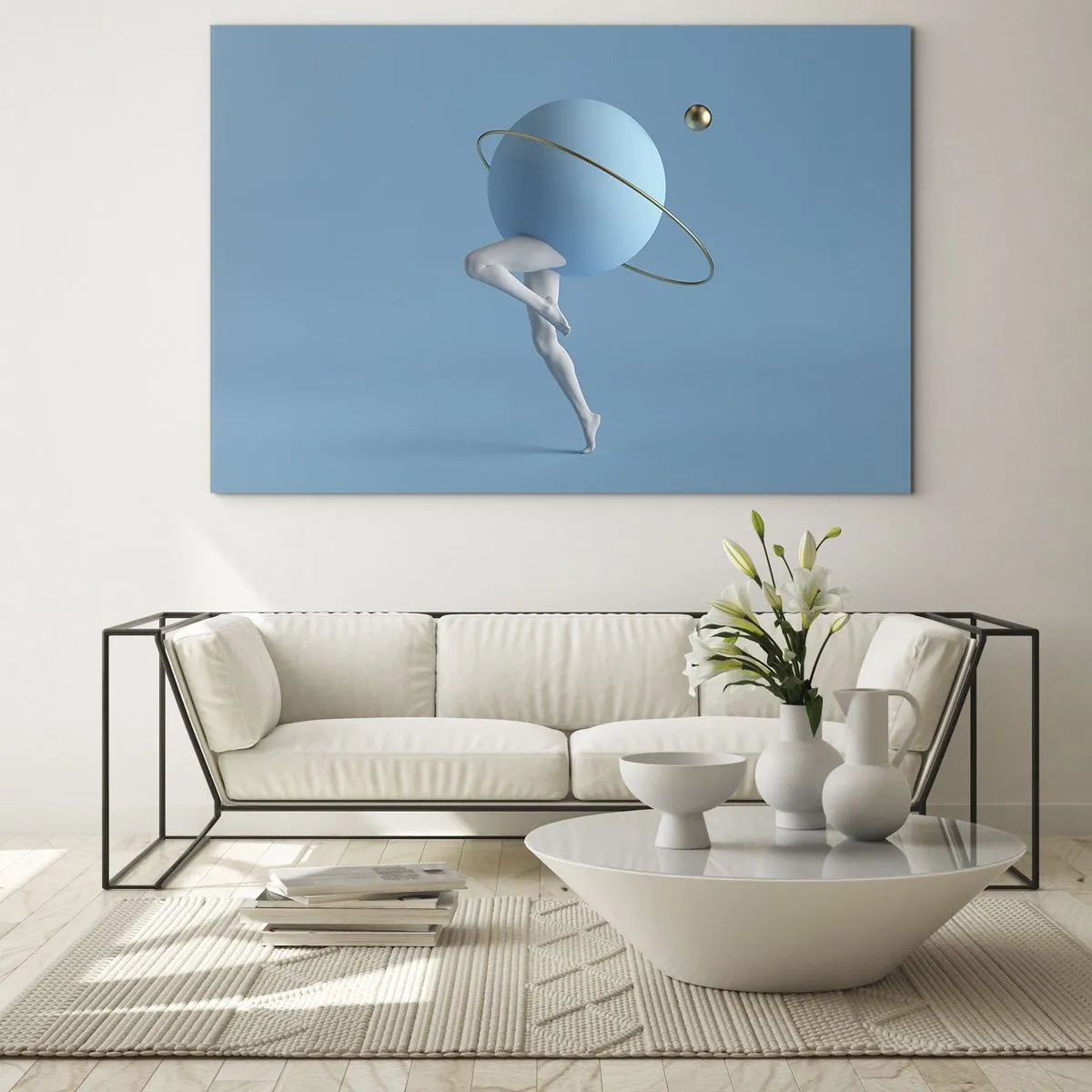 Quadro em vidro - Uma composição minimalista de um planeta com pernas humanas em azul. - 70x50cm - Planetas a enlouquecer - Decoração de parede moderna para a sala de estar e quarto ARTTOR