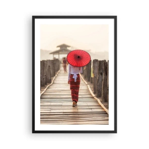 Pôster com moldura preta - Uma mulher com um guarda-chuva vermelho em uma ponte de madeira - 50x70cm - Na ponte velha - Decoração de parede moderna para a sala de estar e quarto ARTTOR