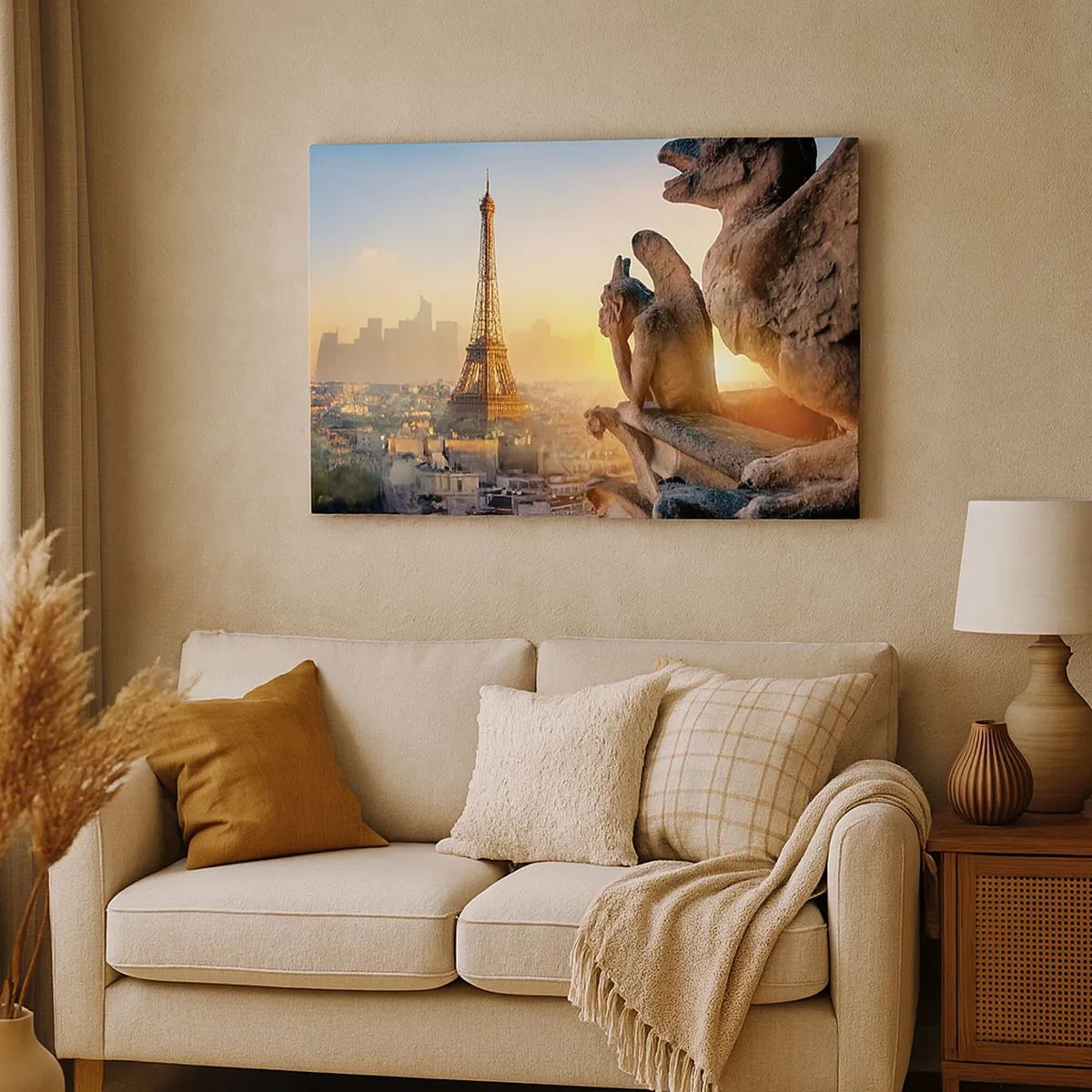 Quadro em tela - Vista da Torre Eiffel com gárgulas ao fundo - 70x50cm - Muita coisa mudou... - Decoração de parede moderna para a sala de estar e quarto ARTTOR
