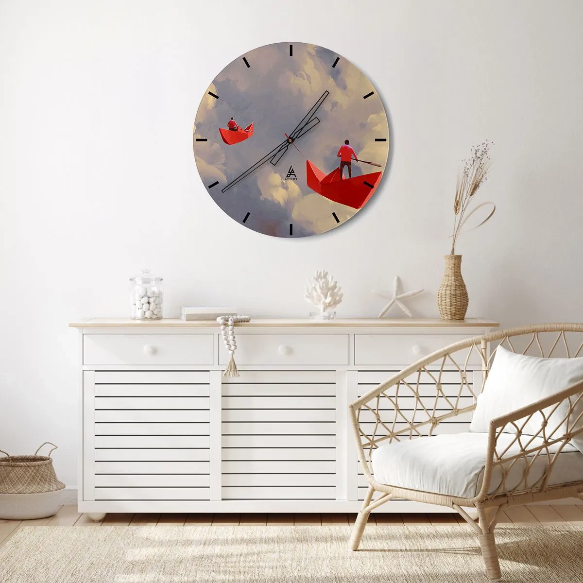 Relógio de parede - Relógio em vidro - Dois barcos vermelhos contra um céu nublado - 30x30cm - Expedição dos sonhadores - Decoração de parede moderna para a sala de estar, cozinha e quarto ARTTOR