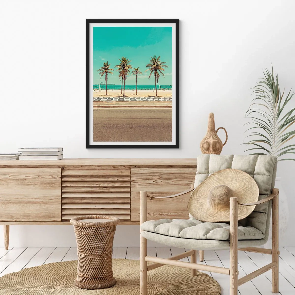 Pôster com moldura preta - Uma praia com palmeiras e céu azul - 50x70cm - Em guarda da praia - Decoração de parede moderna para a sala de estar e quarto ARTTOR