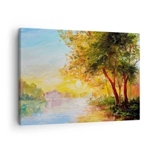 Quadro em tela - Uma paisagem pitoresca com um rio e árvores ao pôr do sol - 70x50cm - Et in Arcadia ego - Decoração de parede moderna para a sala de estar e quarto ARTTOR