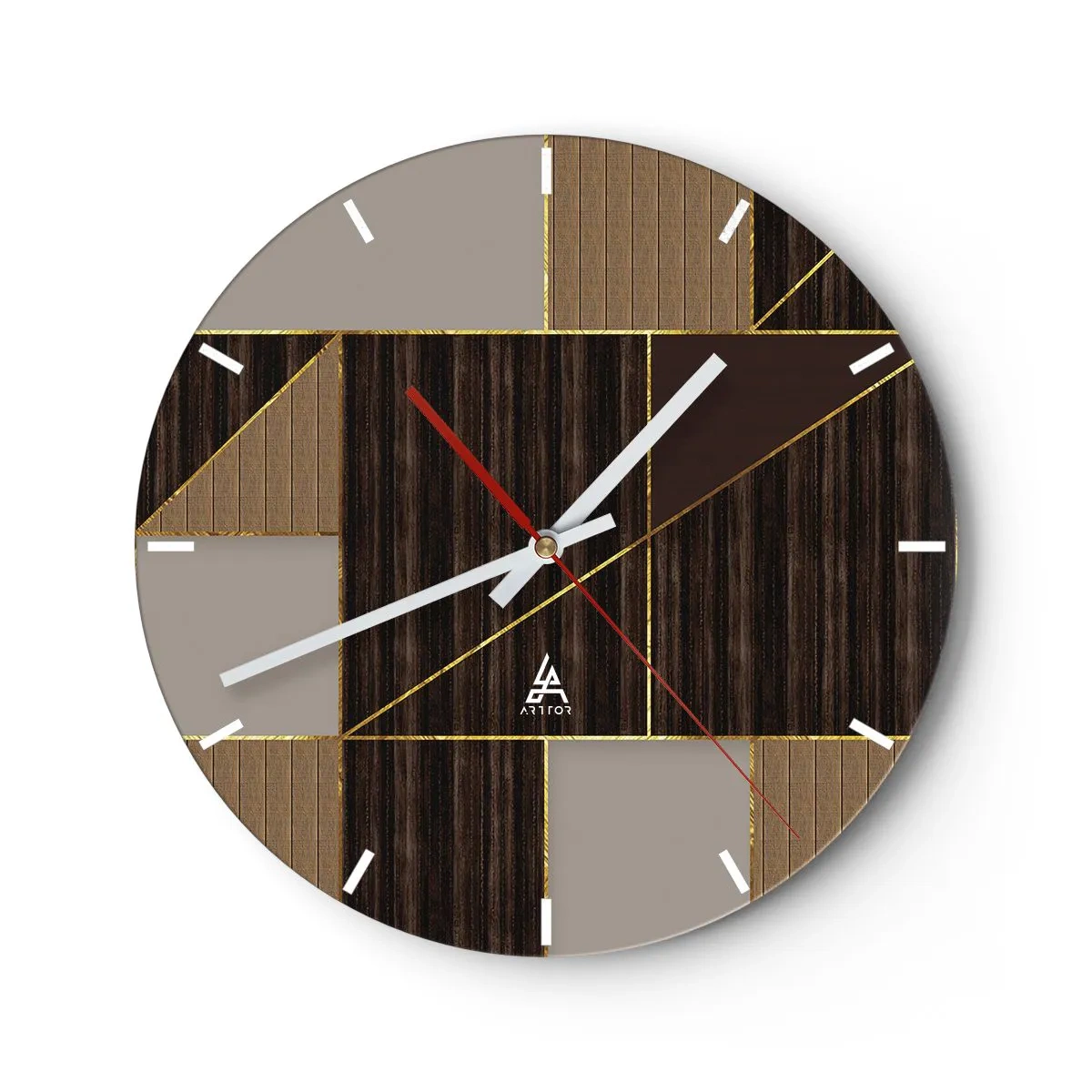 Relógio de parede - Relógio em vidro - Mosaico moderno com linhas marrons, bege e douradas - 30x30cm - Mosaico de bronzes e ouro - Decoração de parede moderna para a sala de estar, cozinha e quarto ARTTOR