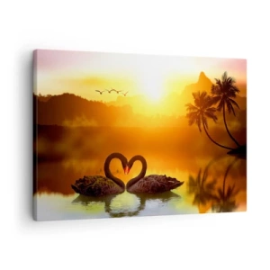 Quadro em tela - Dois cisnes negros formando um coração contra o fundo do pôr do sol no lago - 70x50cm - Tudo para o casal - Decoração de parede moderna para a sala de estar e quarto ARTTOR