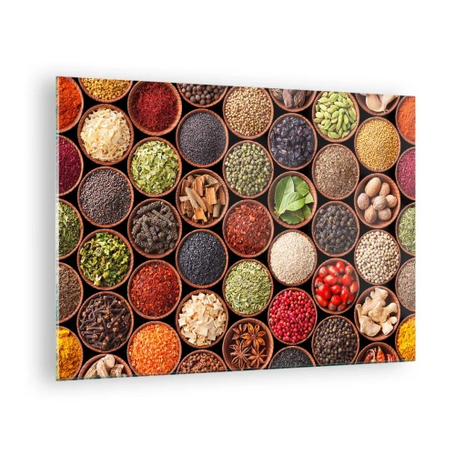 Quadro em vidro - Uma composição de várias especiarias em tigelas de madeira - 70x50cm - Todos os sabores do mundo - Decoração de parede moderna para a sala de estar e quarto ARTTOR