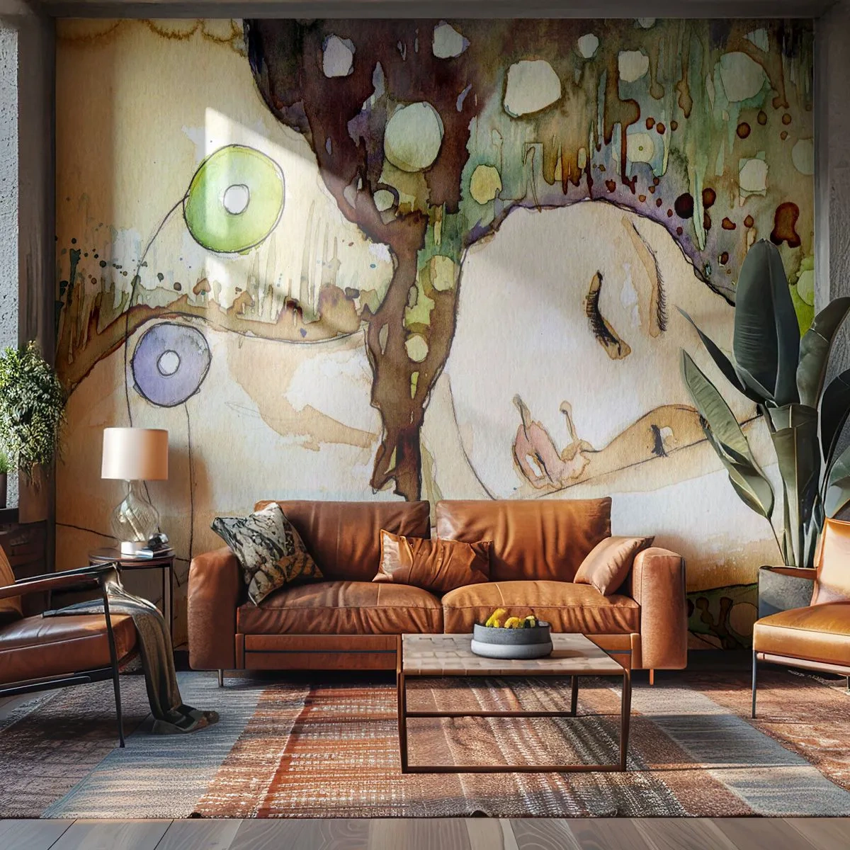 Papel de Parede Standard Eco - Ilustração em aquarela de uma mulher dormindo em um ambiente abstrato - 100x70cm - Um sonho Violeta Esmeralda - Decoração de parede moderna para a sala de estar e quarto ARTTOR