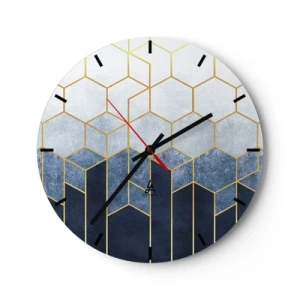 Relógio de parede - Relógio em vidro - Padrão de cubo geométrico em tons de azul e dourado - 30x30cm - Composição em ritmo sincopado - Decoração de parede moderna para a sala de estar, cozinha e quarto ARTTOR