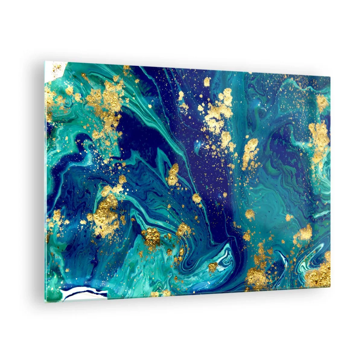 Quadro em vidro - Um padrão abstrato em tons de turquesa e azul marinho com detalhes dourados - 70x50cm - Flocos de sol - Decoração de parede moderna para a sala de estar e quarto ARTTOR