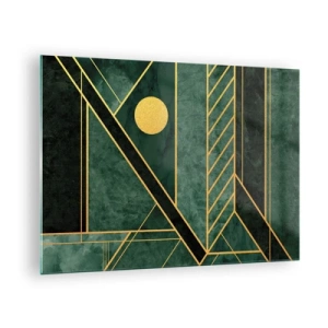 Quadro em vidro - Abstração geométrica verde e dourada no estilo Art Déco - 70x50cm - A dinâmica do ouro e do azul - Decoração de parede moderna para a sala de estar e quarto ARTTOR