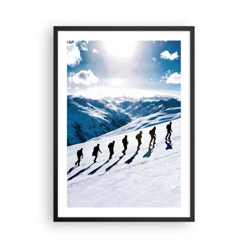 Pôster com moldura preta - Caminhantes em uma encosta de montanha coberta de neve em pleno sol - 50x70cm - A equipa vencedora - Decoração de parede moderna para a sala de estar e quarto ARTTOR