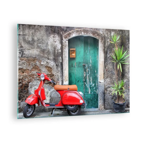 Quadro em vidro - Scooter vermelha contra uma porta verde - 70x50cm - Férias italianas - Decoração de parede moderna para a sala de estar e quarto ARTTOR