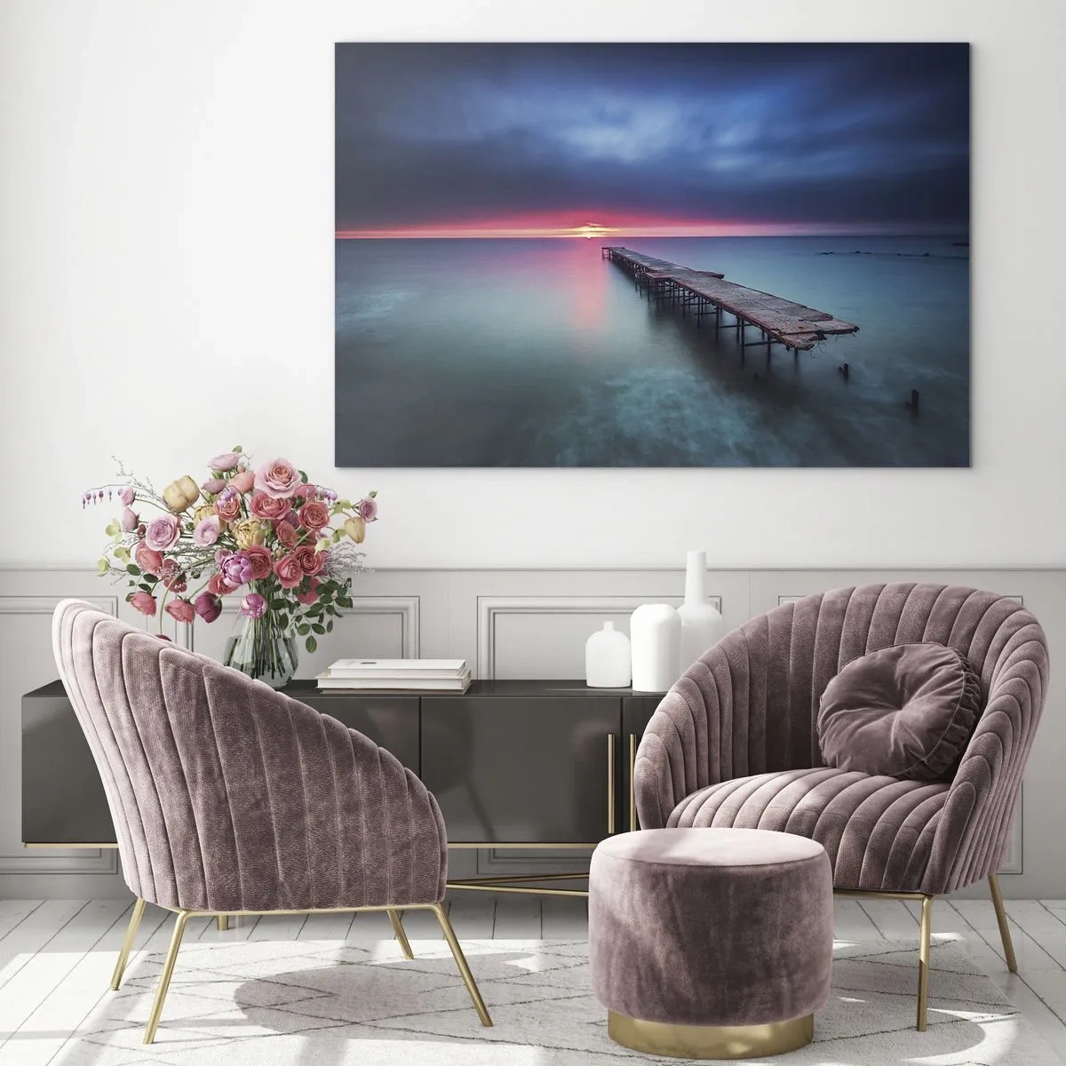 Quadro em vidro - Píer que leva em direção ao pôr do sol - 70x50cm - Entre o céu e a terra - Decoração de parede moderna para a sala de estar e quarto ARTTOR