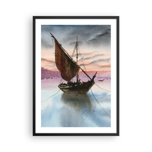 Pôster com moldura preta - Um veleiro em águas calmas à luz do pôr do sol - 50x70cm - Noite no porto - Decoração de parede moderna para a sala de estar e quarto ARTTOR