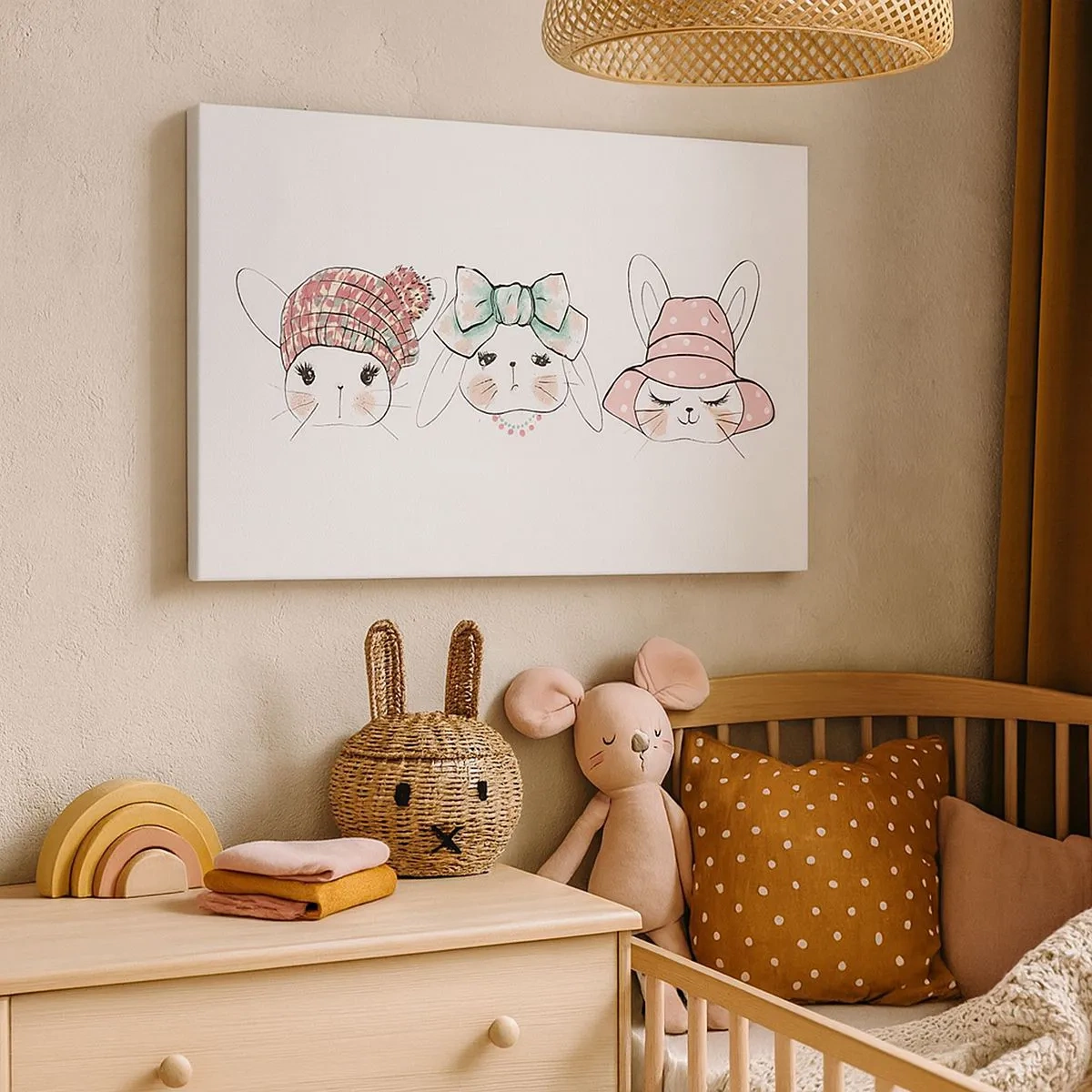 Quadro em tela - Coelhinhos adoráveis com chapéus em tons pastéis - 70x50cm - Pensativa, triste, contente - Decoração de parede moderna para a sala de estar e quarto ARTTOR