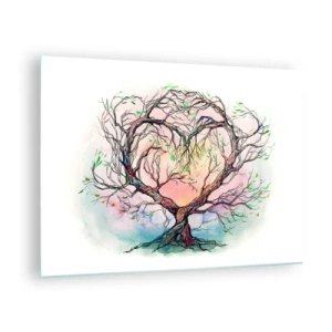 Quadro em vidro - Uma árvore em forma de coração com um fundo colorido e pastel - 70x50cm - Juntos contra os vendavais - Decoração de parede moderna para a sala de estar e quarto ARTTOR