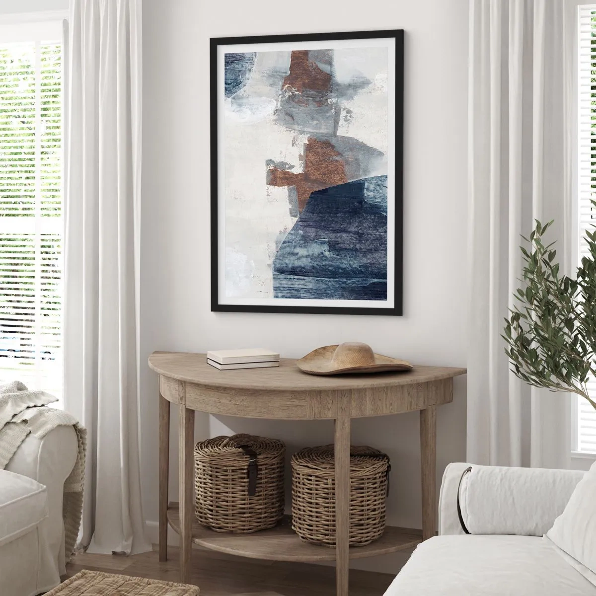 Pôster com moldura preta - Formas azuis e marrons - 61x91 cm
