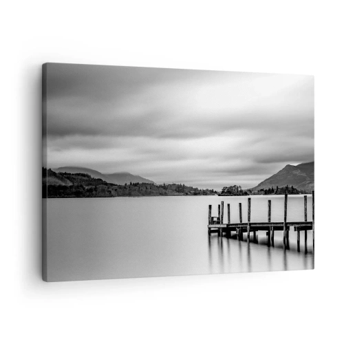 Quadro em tela - Paisagem em preto e branco com um píer sobre um lago - 70x50cm - Gentileza e força - Decoração de parede moderna para a sala de estar e quarto ARTTOR