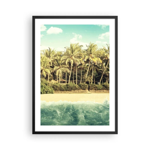 Pôster com moldura preta - Praia tropical com palmeiras e águas azuis - 50x70cm - Ou talvez aqui? - Decoração de parede moderna para a sala de estar e quarto ARTTOR
