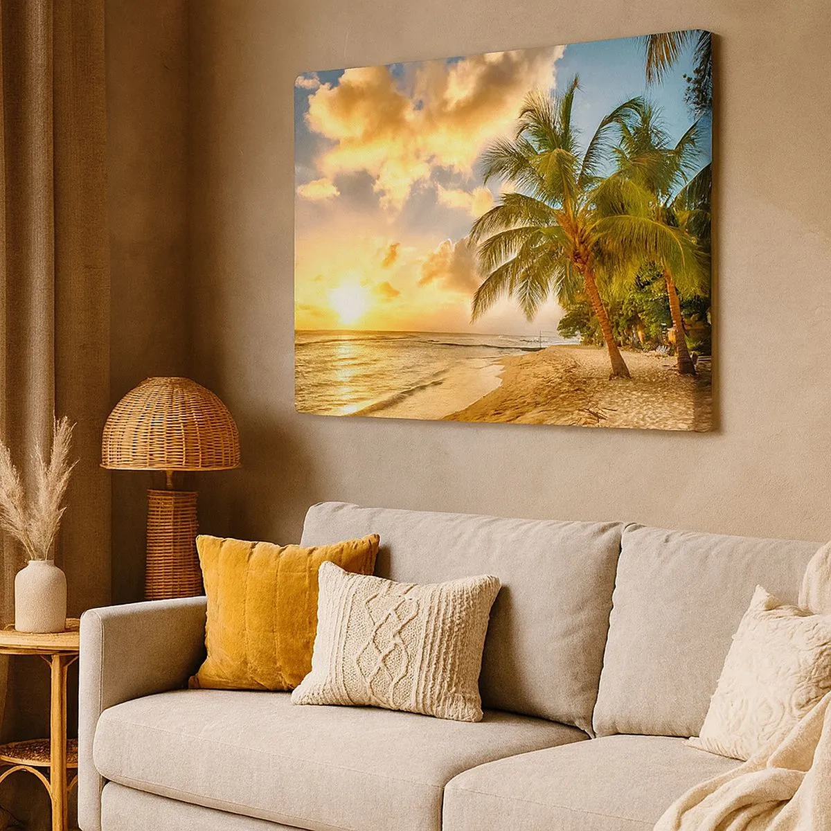 Quadro em tela - Praia com palmeiras e pôr do sol sobre o oceano - 70x50cm - Eterno verão, férias eternas - Decoração de parede moderna para a sala de estar e quarto ARTTOR