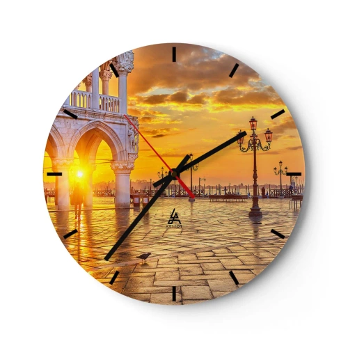 Relógio de parede - Relógio em vidro - A praça ao nascer do sol com lanternas e colunas arquitetônicas - 30x30cm - Onde está todo mundo? - Decoração de parede moderna para a sala de estar, cozinha e quarto ARTTOR
