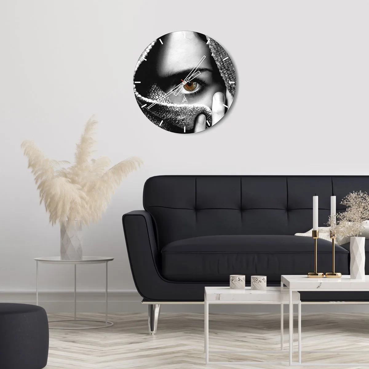 Relógio de parede - Relógio em vidro - O preto e o branco parecem escondidos atrás do tecido - 30x30cm - Descubra o mistério - Decoração de parede moderna para a sala de estar, cozinha e quarto ARTTOR