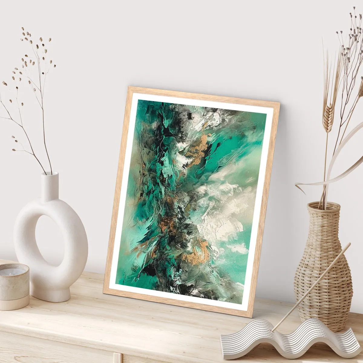 Pôster com moldura de carvalho claro - Surf esmeralda e preto - 40x50 cm