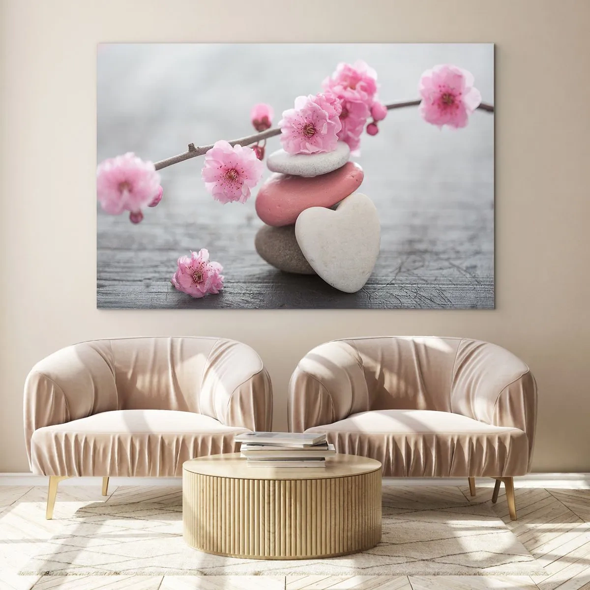 Quadro em vidro - Flores de cerejeira rosa e pedras em forma de coração - 70x50cm - Flor de cerejeira - Decoração de parede moderna para a sala de estar e quarto ARTTOR