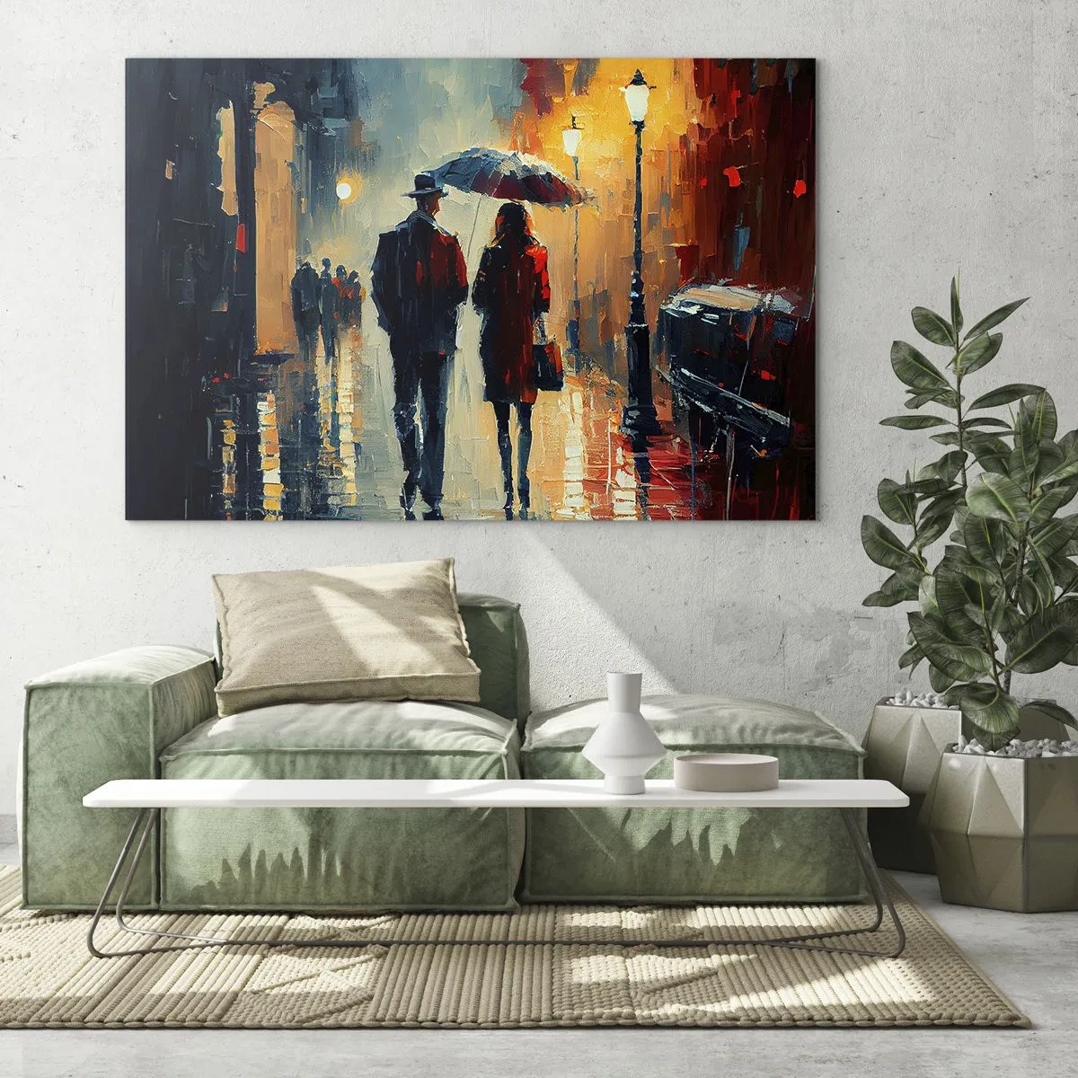Quadro em vidro - Um casal com um guarda-chuva caminhando por uma rua molhada à noite. - 70x50cm - História de amor urbano - Decoração de parede moderna para a sala de estar e quarto ARTTOR