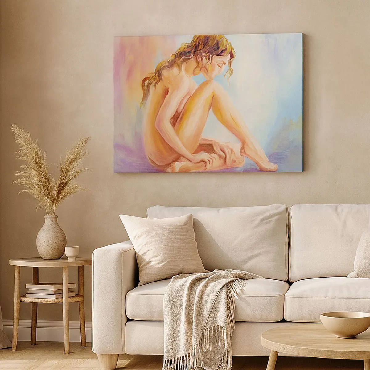 Quadro em tela - Uma figura delicada de uma mulher em um fundo pastel - 70x50cm - Ato de juventude - Decoração de parede moderna para a sala de estar e quarto ARTTOR