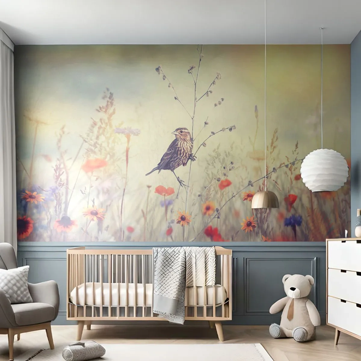 Papel de Parede Premium Sand - Retrato de um pássaro com um prado no fundo - Pássaro, Prado, Natureza - 250x175 cm