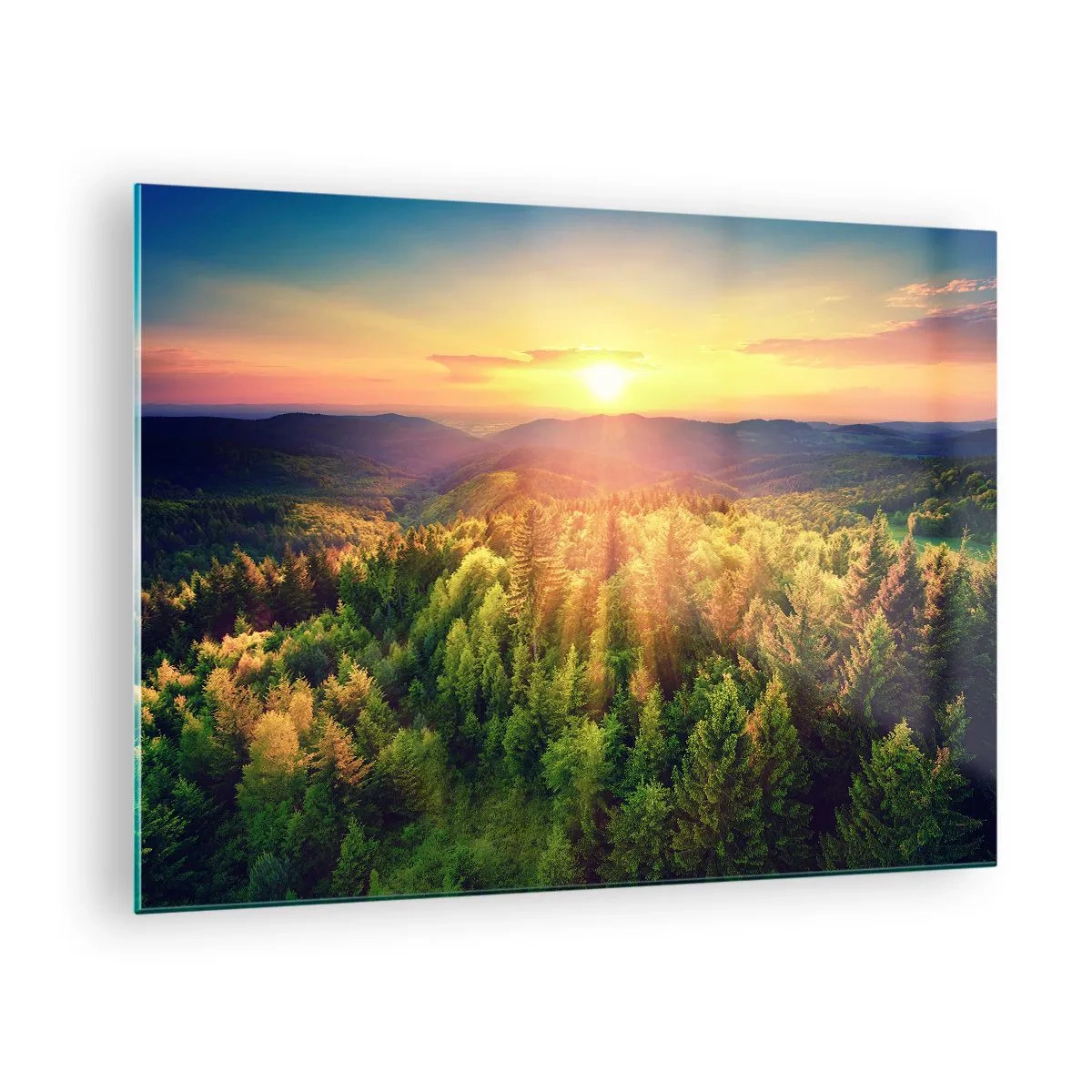 Quadro em vidro - Pôr do sol sobre uma floresta montanhosa com vista para os vales - 70x50cm - Picos e cumes - Decoração de parede moderna para a sala de estar e quarto ARTTOR