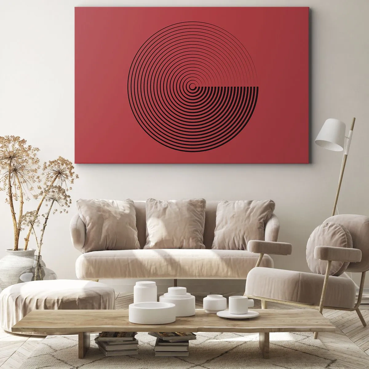 Quadro em tela - Círculos concêntricos em um fundo vermelho - 70x50cm - Movimento circular - Decoração de parede moderna para a sala de estar e quarto ARTTOR