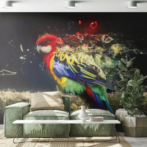 Papel de Parede Standard Eco - Papagaio colorido com efeito de dispersão em fundo escuro - 100x70cm - O mensageiro do Brilho - Decoração de parede moderna para a sala de estar e quarto ARTTOR