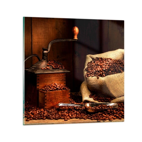 Quadro em vidro - Natureza morta com grãos de café e moedor - 60x60 cm