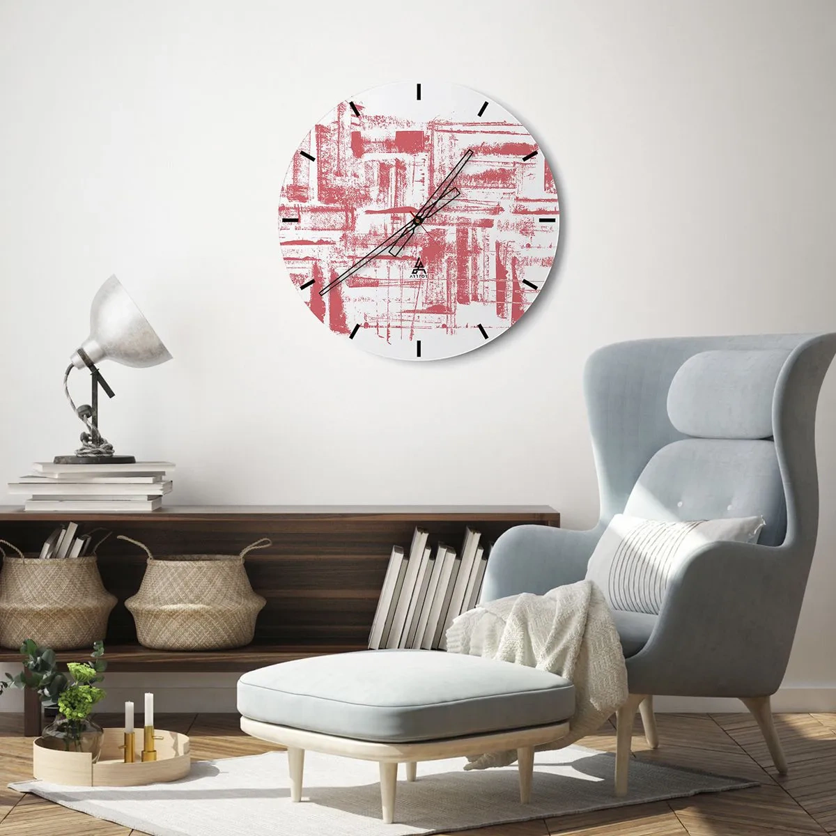 Relógio de parede - Relógio em vidro - Símbolos gráficos e abstratos e texturas em tons de bege e preto - 30x30cm - Cidade Vermelha - Decoração de parede moderna para a sala de estar, cozinha e quarto ARTTOR
