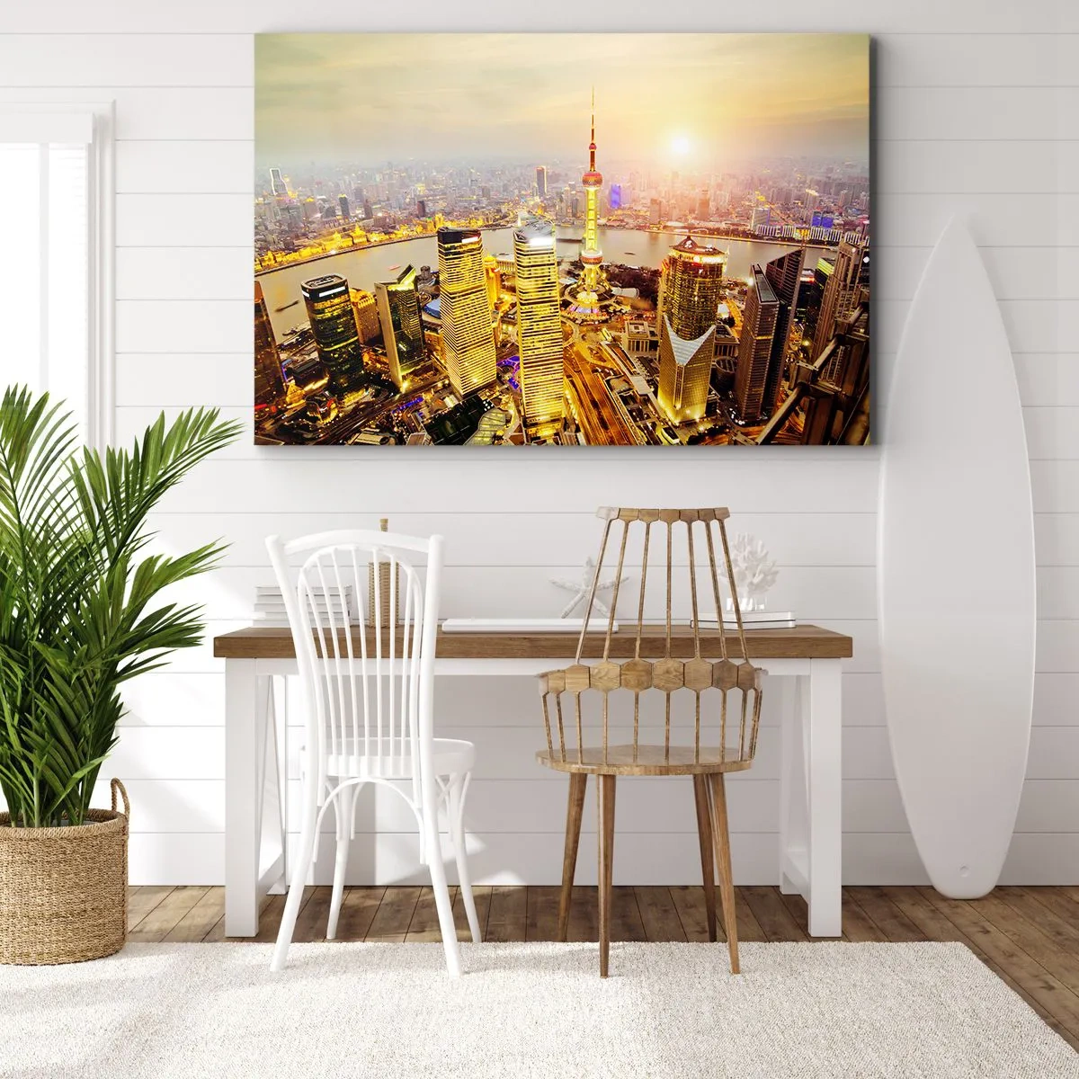 Quadro em tela - Panorama da cidade com arranha-céus ao pôr do sol - 70x50cm - Sonho asiático - Decoração de parede moderna para a sala de estar e quarto ARTTOR