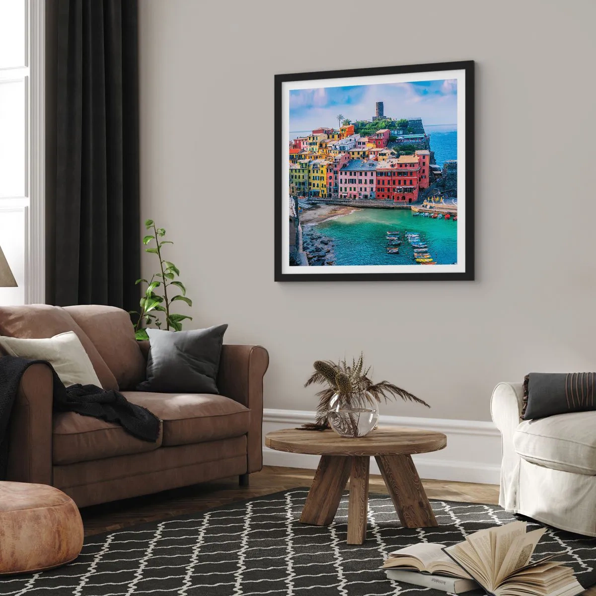 Pôster com moldura preta - Cidade mágica mediterrânea - 50x50 cm