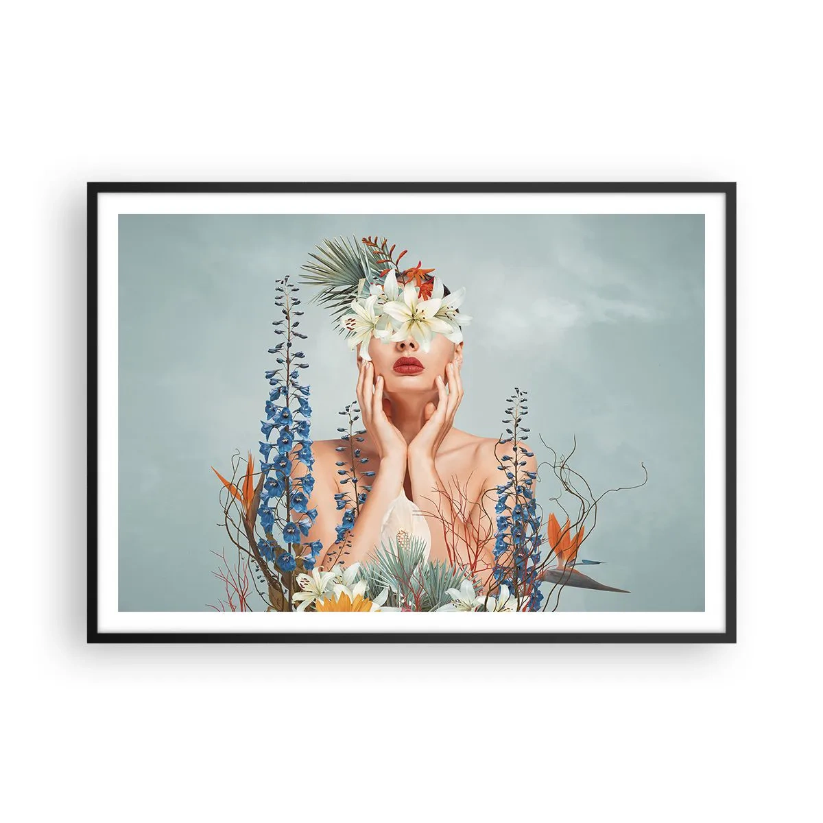 Pôster com moldura preta - Mulher – flor - 100x70 cm