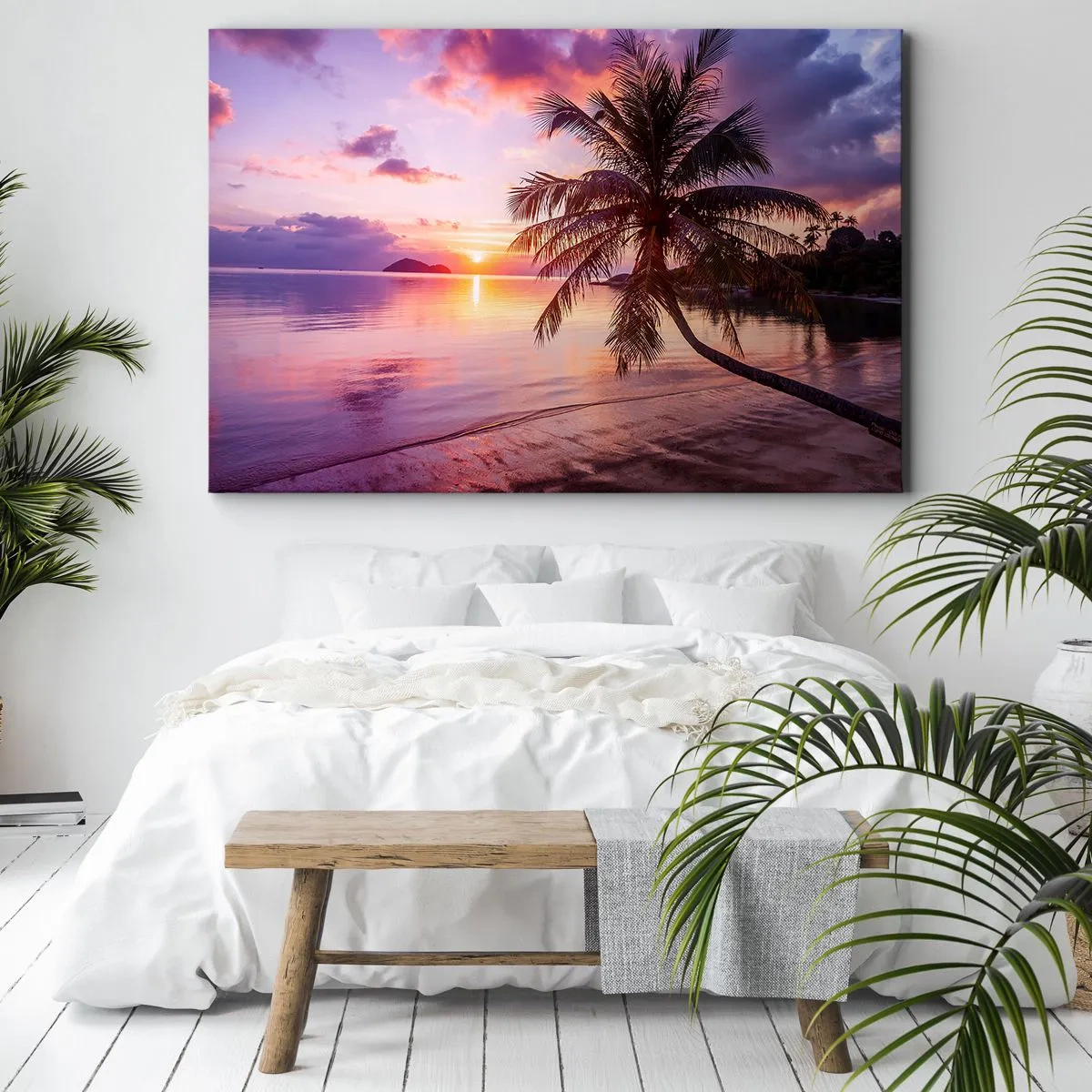 Quadro em tela - Praia tropical com palmeiras ao pôr do sol - 70x50cm - Felicidade no horizonte - Decoração de parede moderna para a sala de estar e quarto ARTTOR