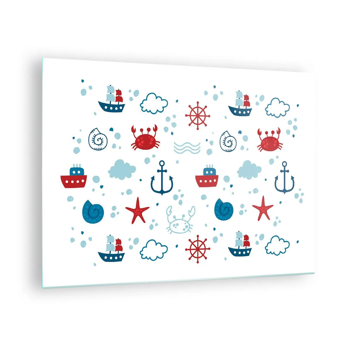 Quadro em vidro - Padrões náuticos com caranguejos, âncoras e navios - 70x50cm - Conto de fadas do mar - Decoração de parede moderna para a sala de estar e quarto ARTTOR