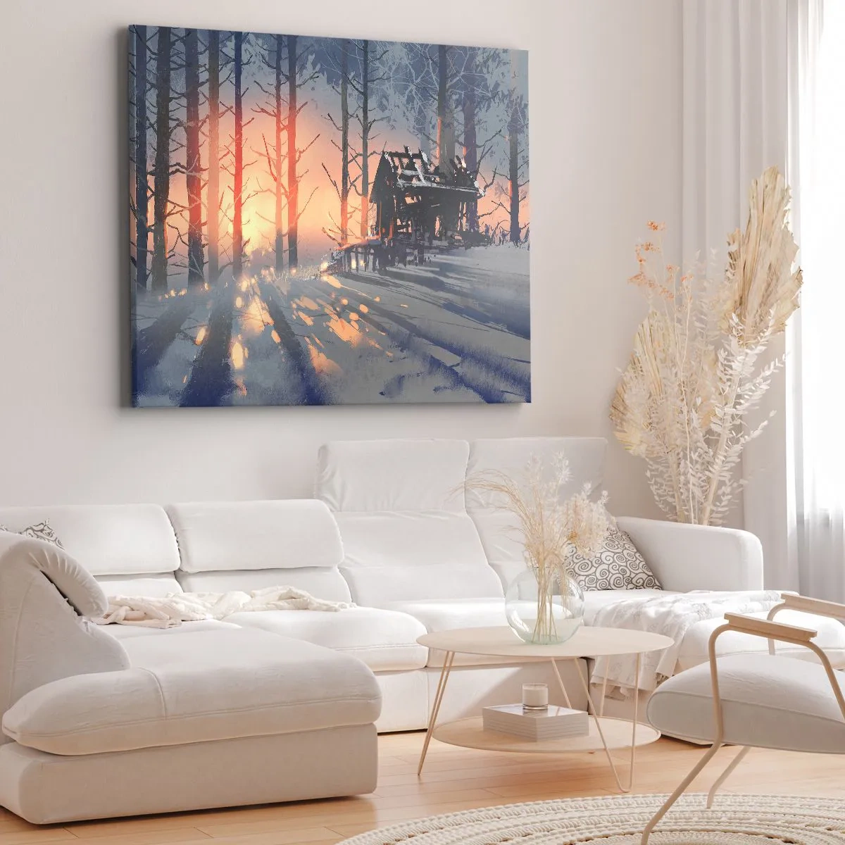 Quadro em tela - Uma casa de campo na floresta em uma paisagem de inverno com os raios do sol poente - 70x50cm - Somente o sol espreita aqui - Decoração de parede moderna para a sala de estar e quarto ARTTOR