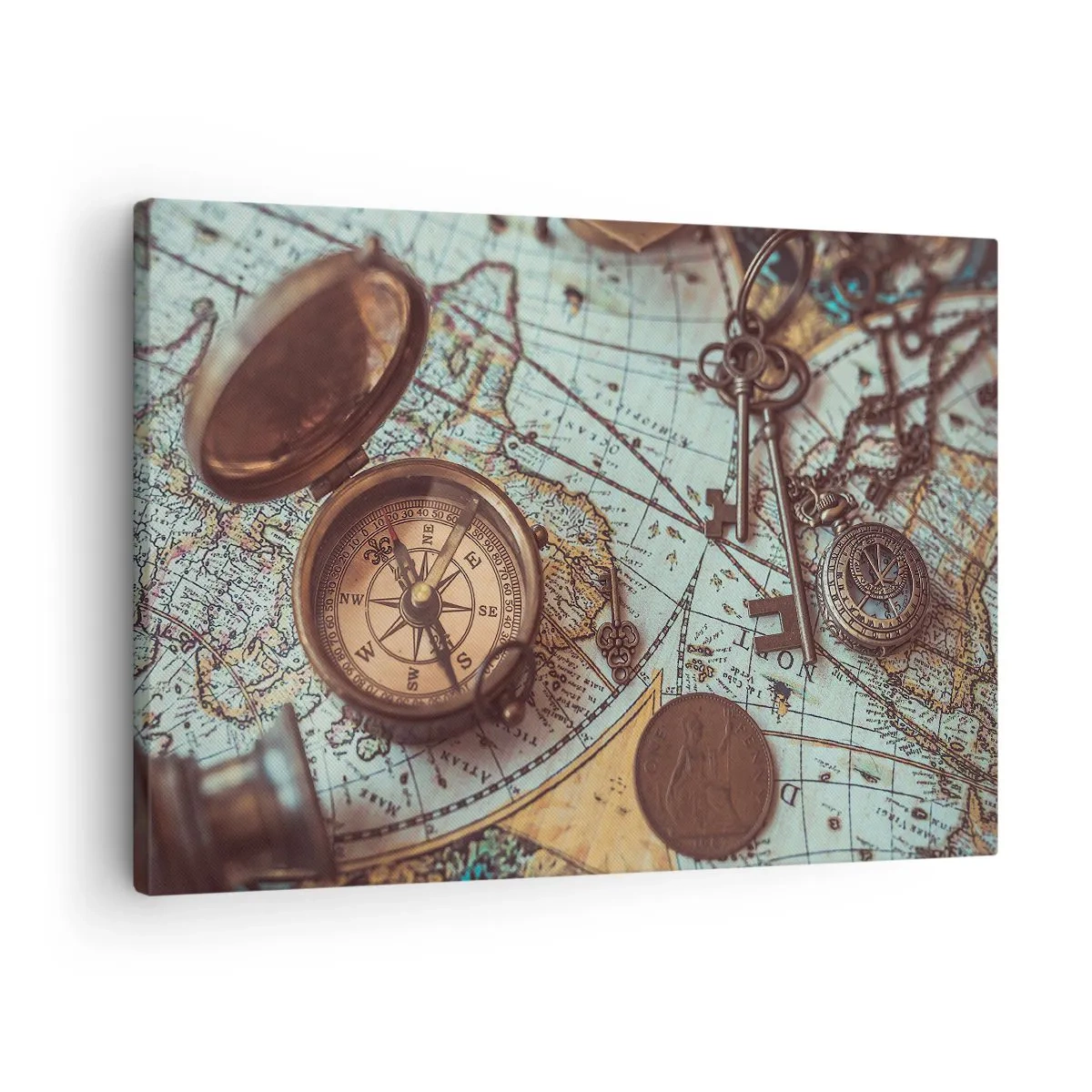 Quadro em tela - Composição com bússola, chaves e um mapa antigo em estilo retrô - 70x50cm - Para o aventureiro - Decoração de parede moderna para a sala de estar e quarto ARTTOR