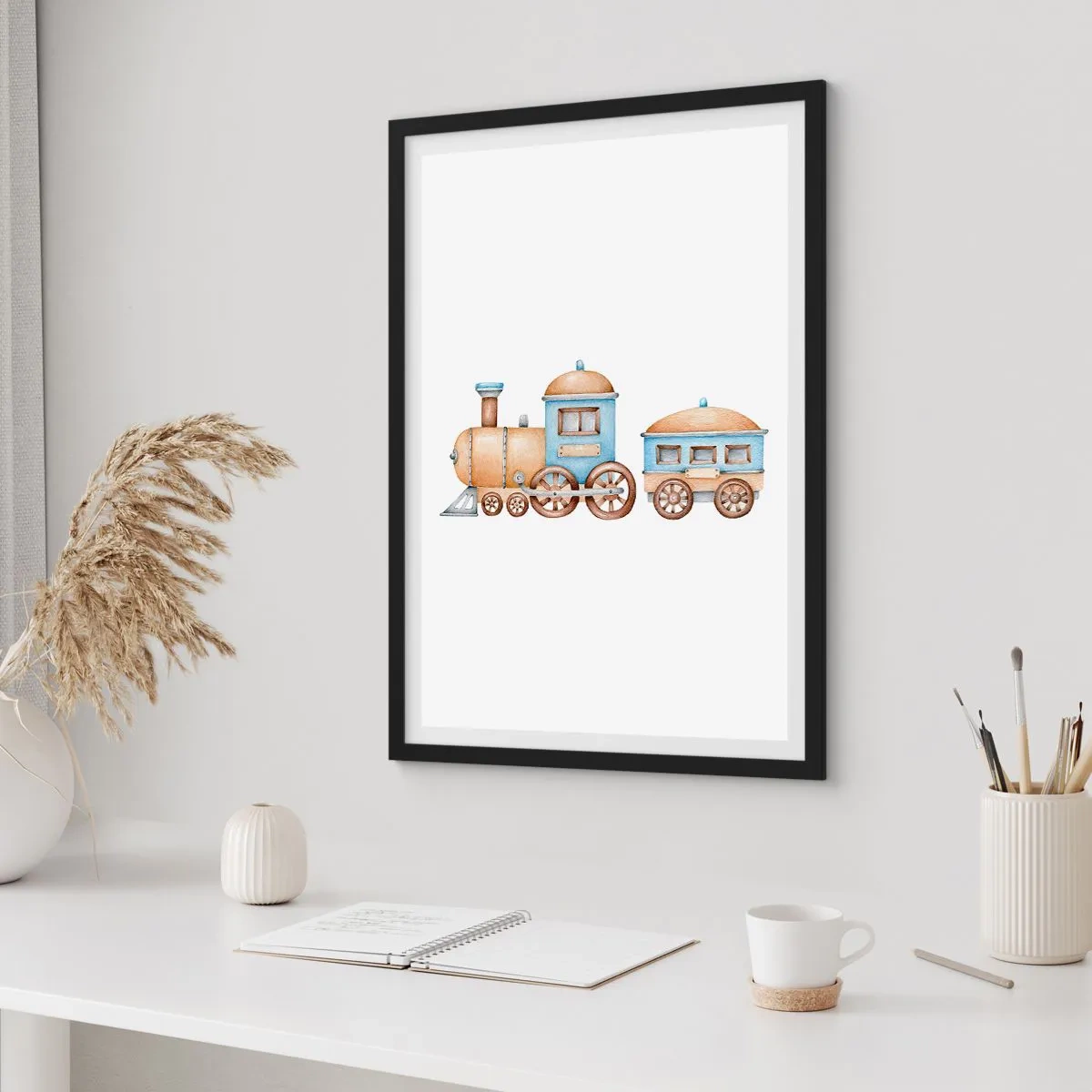 Pôster com moldura preta - Trem em aquarela em tons de azul e bege - 50x70cm - Parado na estação... - Decoração de parede moderna para a sala de estar e quarto ARTTOR