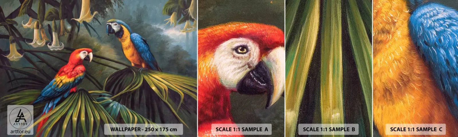 Amostra de Papel de Parede Standard Eco - Romantismo nos trópicos - Papagaio Ara, Animais, Floresta tropical - 100x30 cm