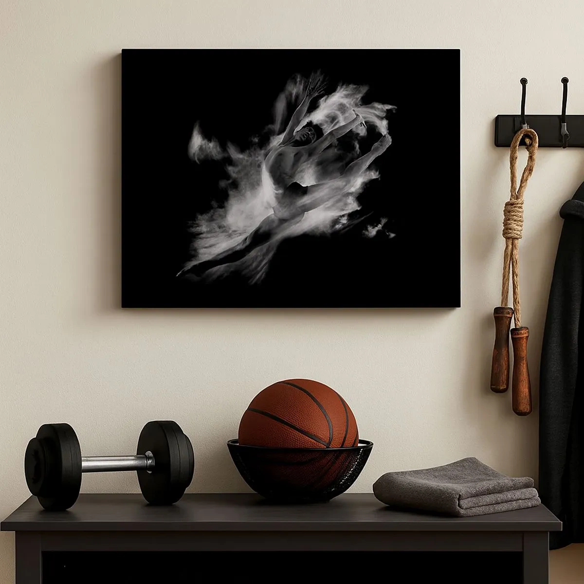 Quadro em tela - Uma dançarina em pose dinâmica contra um fundo preto - 70x50cm - Parado no ar - Decoração de parede moderna para a sala de estar e quarto ARTTOR